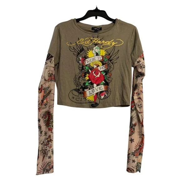Ed Hardy Crop Top Size S NWT Y2K Tattoo Graphic Layered Long Sleeve Streetwear - Picture 2 of 6